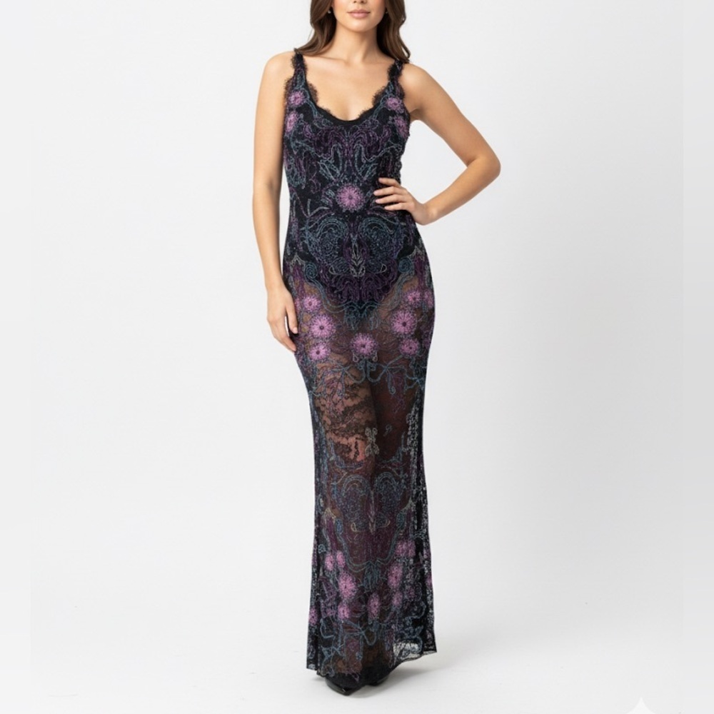 NWT Dundas Semi Sheer Allover Beaded Maxi Dress Gown Black Lace Sz 38